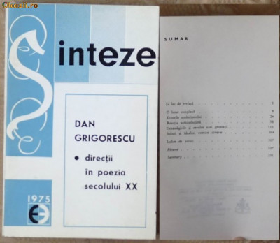 Dan Grigorescu , Directii in poezia secolului 20 , Sinteze , 1975 , cu autograf foto