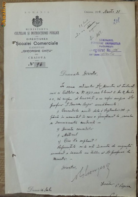 Adresa a Scolii Comerciale Gheorghe Chitu , Craiova , semnata de director , 1914 foto