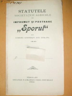 Statut Soc. agricole ,,SPORUL&amp;amp;quot; Tg Jiu 1902 foto