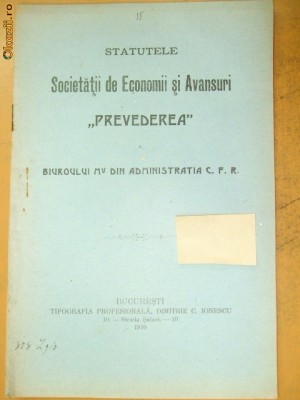 Statut Soc. Economii ,,PREVEDEREA&amp;amp;quot; Buc. 1910 foto
