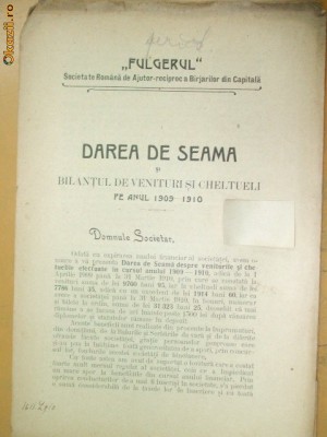 Dare de seama Soc. birjari ,,FULGERUL&amp;amp;quot; Buc. 1910 foto