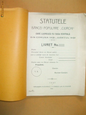 Statutele Bancei ,,CIURCHI&amp;amp;quot; Iasi 1914 foto