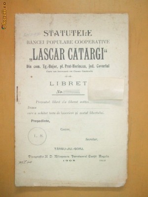 Statutele Bancei ,,LASCAR CATARGIU&amp;amp;quot; Tg Jiu 1904 foto