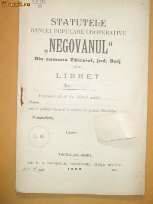 Statut Banca ,,NEGOVANUL&amp;amp;quot; Dolj, Tg Jiu 1907 foto