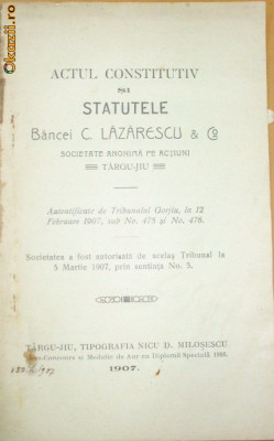 Statut Banca ,,C. LAZARESCU&amp;amp;quot; Tg Jiu 1907 foto