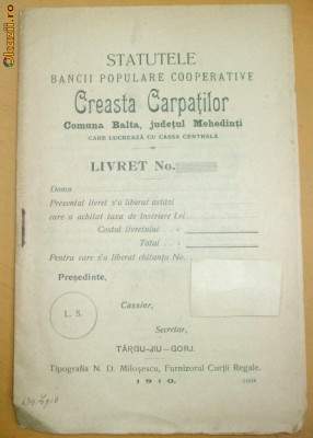 Statut Banca ,,CREASTA CARPATILOR&amp;amp;quot; Tg Jiu 1910 foto