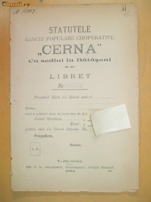 Statut Banca ,,CERNA&amp;amp;quot; Badarasani Tg Jiu 1910 foto