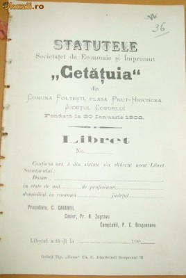 Statut- Soc. CETATUIA-Foltesti-jud. COVURLUI-1902 foto