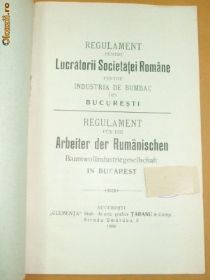 Regulament-Lucratorii Soc. din Industrai Bumbacului-1906 foto