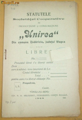 Statut-Soc. CooperativeUNIREA-Zadariuciu-jud. Vlasca-1908 foto