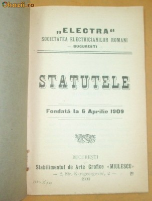 Statut Soc. electricieni ,,ELECTRA&amp;amp;quot; Buc. 1909 foto