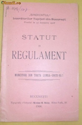 Statut Sindicatul tapiterilor Buc. 1906 foto
