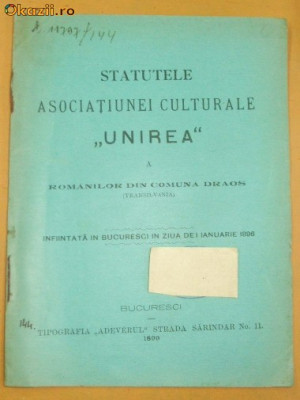 Statut Asoc. ,,UNIREA&amp;amp;quot; din Draos Transilvania Buc. 1899 foto