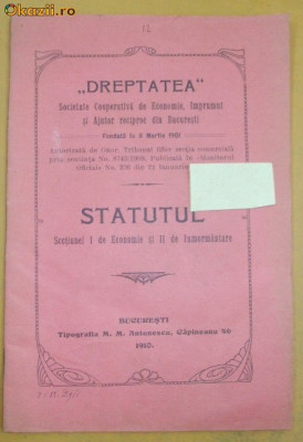 Statut Soc. imprumut ,,DREPTATEA&amp;amp;quot; Buc. 1910 foto