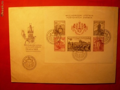 Plic FDC francat cu Colita : Exp.Internat. Filatelica Praga 1955 foto