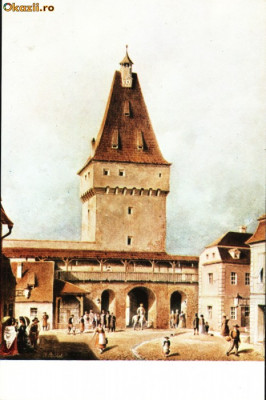 Carte postala ilustrata Poarta Cisnadiei din Sibiu, dinspre oras foto