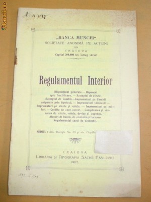 Regulament Banca Muncei Craiova 1907 foto