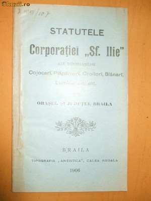 Statut Corporatia croitori ,,Sf. Ilie&amp;amp;quot; Braila 1906 foto