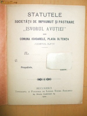 Statut Soc. imprumut ,,Isvorul avutiei&amp;amp;quot; Buc. 1902 foto