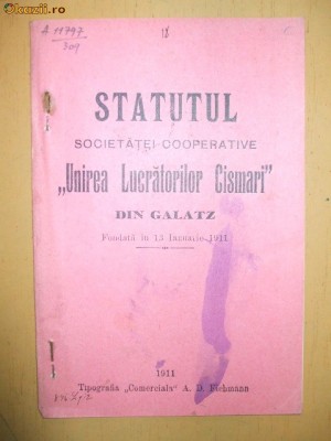 Statut Soc. lucratori cizmari Galati 1911 foto