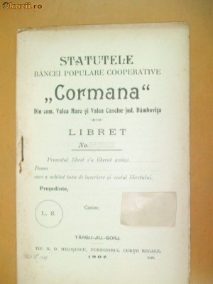 Statut Banca ,,Cormana&amp;amp;quot; Dambovita Targujiu-Gorj 1907 foto