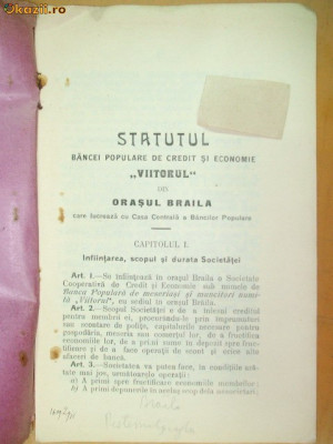 Statut Banca,, Viitorul&amp;amp;quot; Braila 1911 foto
