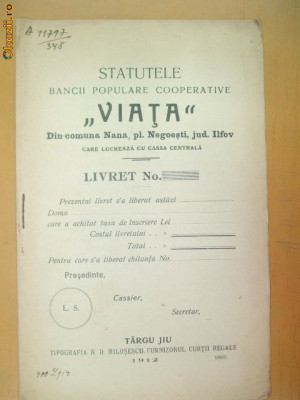 Statut Banca,, Viata&amp;amp;quot; Ilfov, Targu Jiu 1912 foto