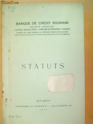 Statuts Banque de Credit Roumain Bucarest 1910 foto