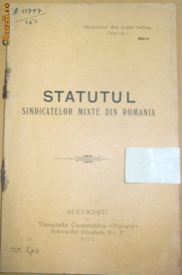 Statut sindicate mixte Romania Buc. 1910 foto