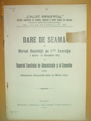 Dare de seama Soc. imprumut ,,Calist arhiereul&amp;amp;quot; Buc. 1913 foto