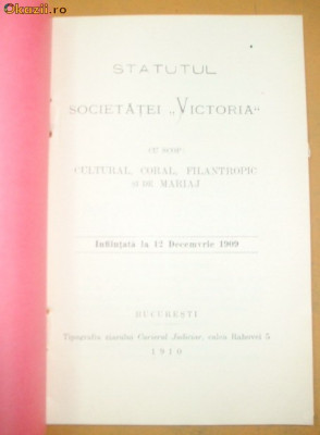 Statut- Soc. VICTORIA cu scop cultural-1910 foto