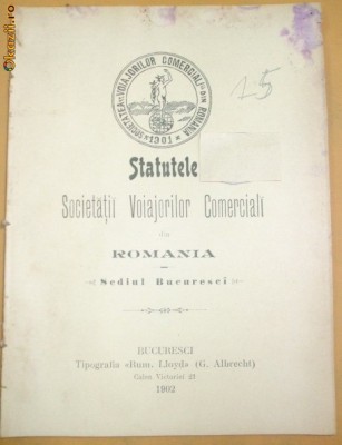 Statut- Soc. Voiajorilor Comerciali-Bucuresci-1902 foto