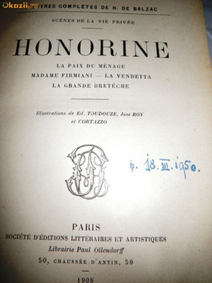 Balzac, Honorine, Paris 1908, in franceza foto