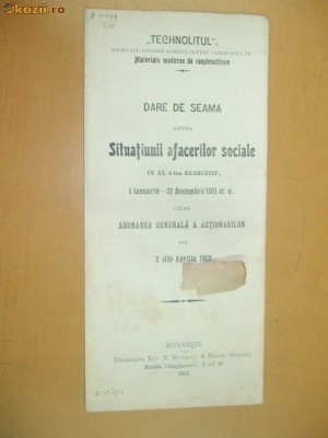 Dare de seama Soc. materiale ,,Technolitul&amp;amp;quot; Buc. 1912 foto