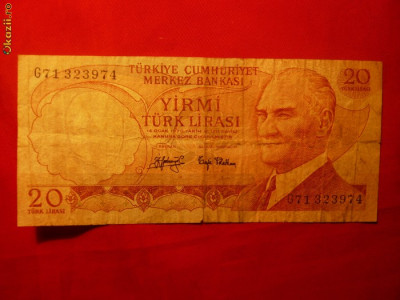 Bancnota 20 Lire Turcia 1970 , cal.medie foto