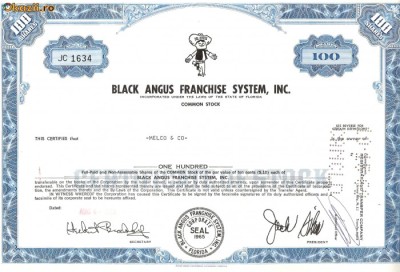 255 Actiuni - BLACK ANGUS FRANCHISE SYSTEM, INC. -seriaJC1634 foto