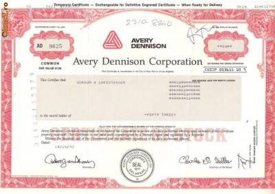 218 Actiuni SUA -Avery Dennison Corporation -seria AD 9625 foto