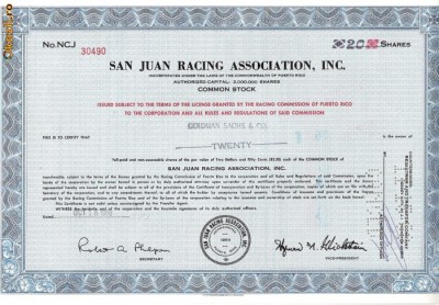 302 Actiuni -SAN JUAN RACING ASSOCIATION, INC. -seria NCJ30490 foto