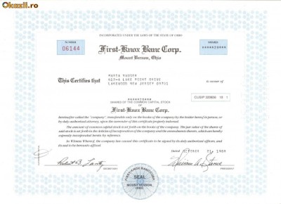 287 Actiuni -First-Knox Banc Corp.-seria 06144 foto