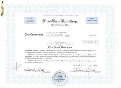 288 Actiuni -First-Knox Banc Corp.-seria 06180 foto