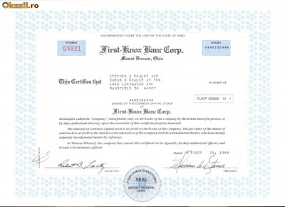 286 Actiuni -First-Knox Banc Corp.-seria 05921 foto