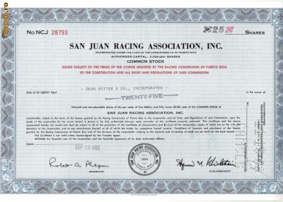 304 Actiuni -SAN JUAN RACING ASSOCIATION, INC. -seria NCJ28793 foto