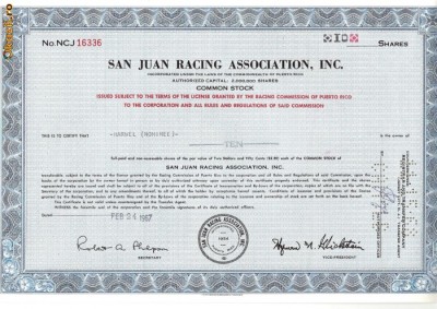 301 Actiuni -SAN JUAN RACING ASSOCIATION, INC. -seria NCJ16336 foto