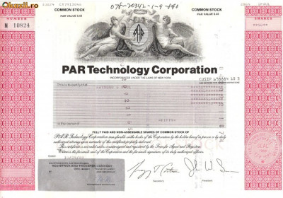 278 Actiuni -PAR Technology Corporation -seria N 10824 foto