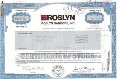 201 Actiuni SUA -ROSLYN BANCORP, INC. -seria RB 16702 foto