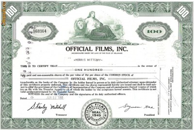 256 Actiuni - OFFICIAL FILMS, INC. -seria N68964 foto
