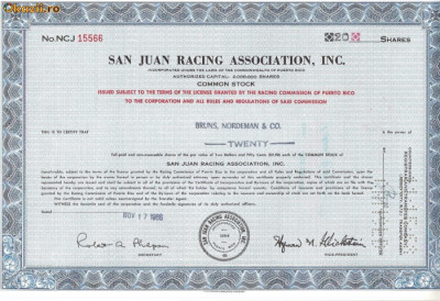 305 Actiuni -SAN JUAN RACING ASSOCIATION, INC. -seria NCJ15566 foto