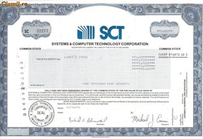 267 Actiuni -SYSTEMS&amp;amp;amp;COMPUTER TECHNOLOGY CORPORATION foto