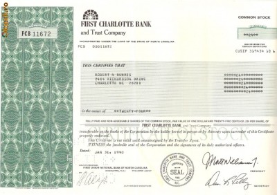 335 Actiuni -FIRST CHARLOTTE BANK -seria FCB 11672 foto