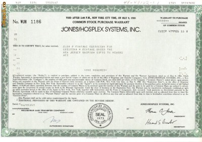 234 Actiuni JONES/HOSPLEX SYSTEMS, INC.-seria WJH1186 foto